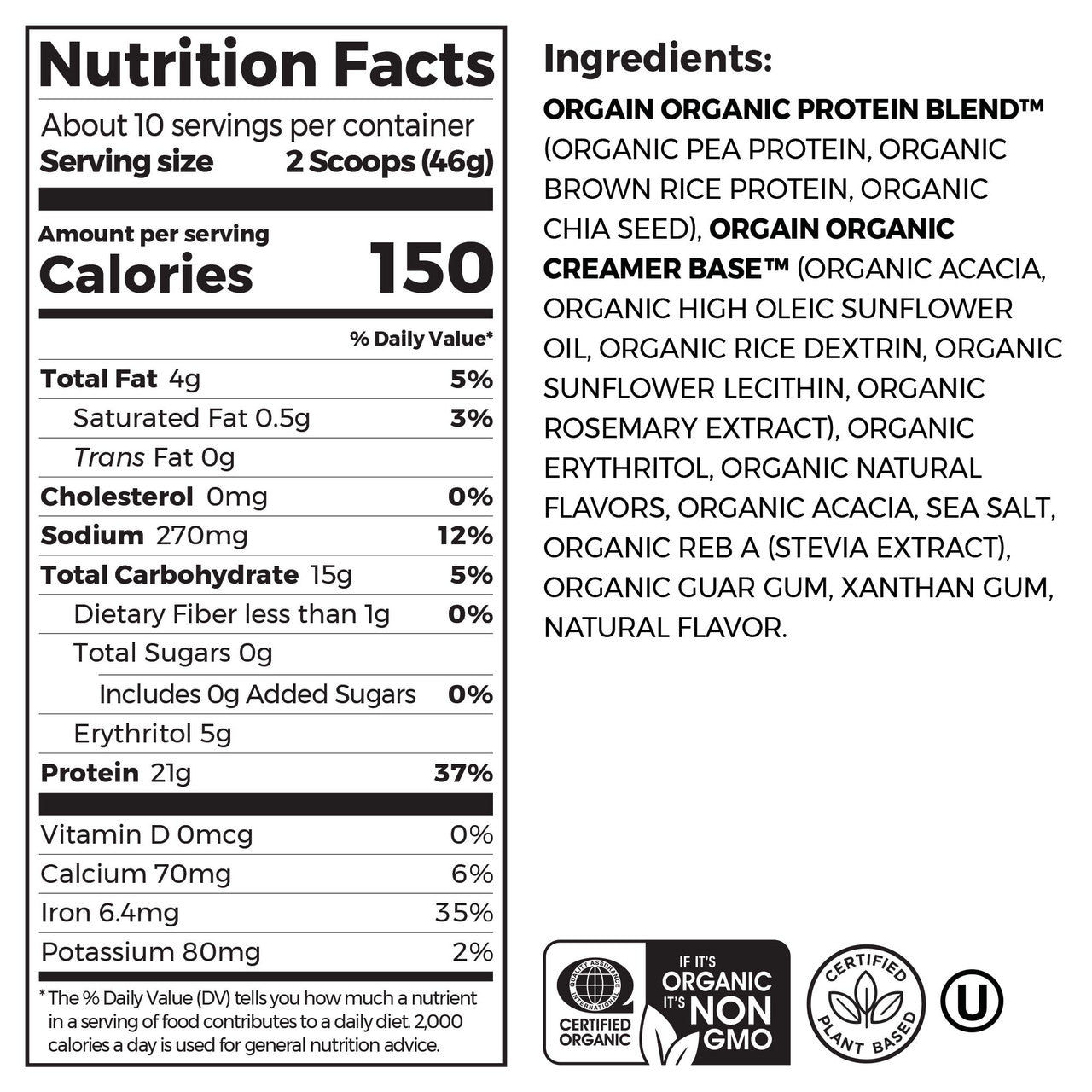 Orgain Organic Plant Based Protein Powder, Sweet Vanilla Bean (1X1.02 Lb )