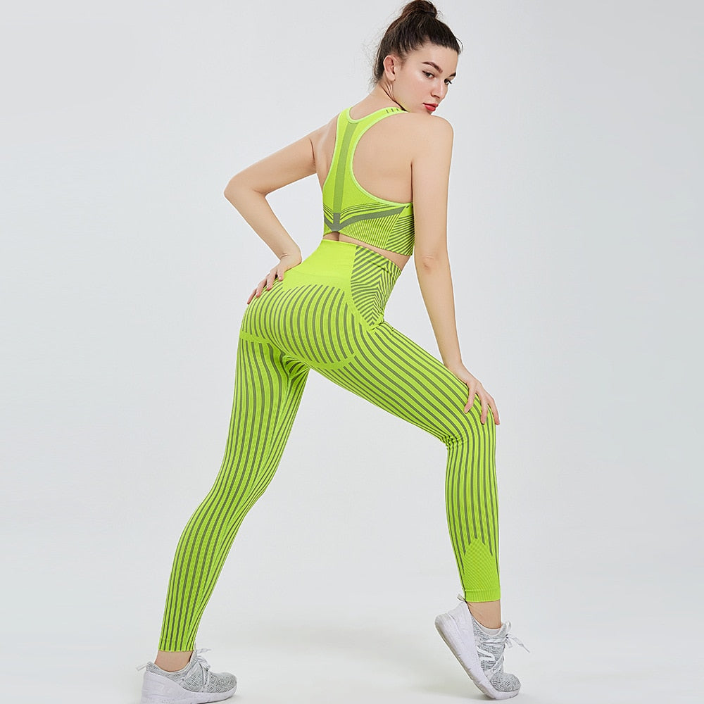 Seamless Striped Sports Yoga Set Gym Fitness Tracksuit Fashion Bra Top Leggings Suit Jogging Push Up Workout Training Clothing