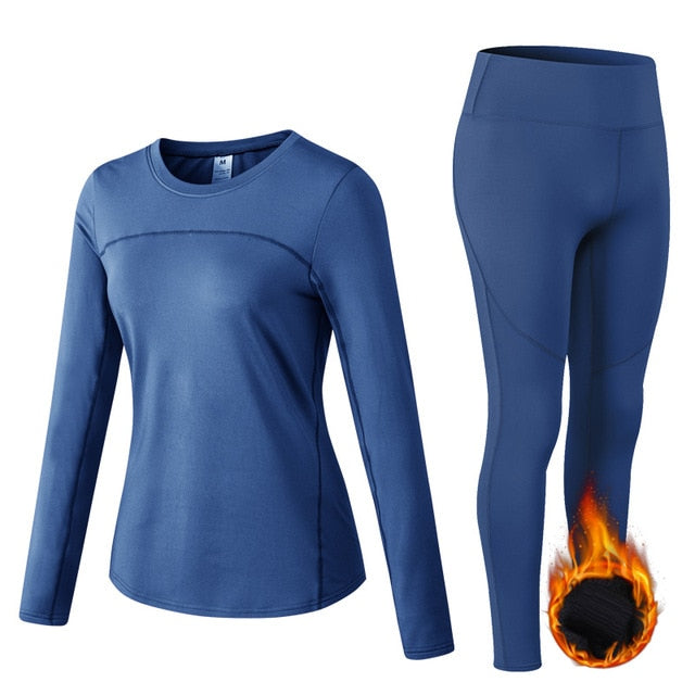 Thermal Sports Suits Women Workout Yoga Set Fitness Clothing High Waist Running Pants Gym Leggings Long Sleeve Crop Top Shirts