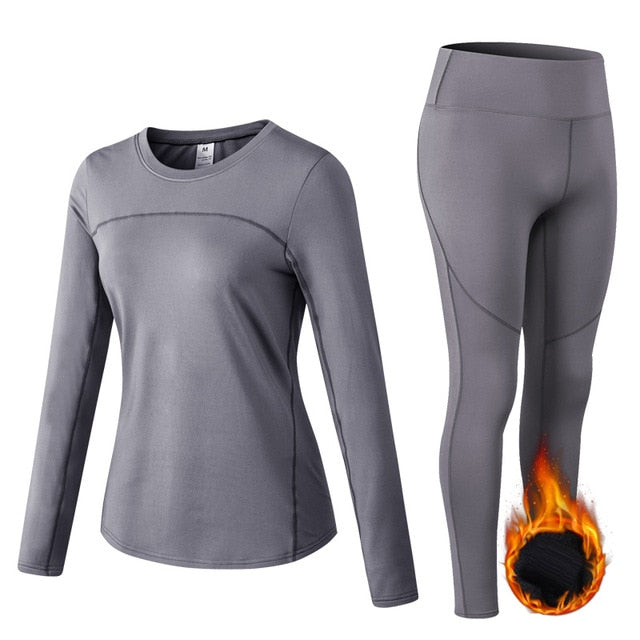 Thermal Sports Suits Women Workout Yoga Set Fitness Clothing High Waist Running Pants Gym Leggings Long Sleeve Crop Top Shirts